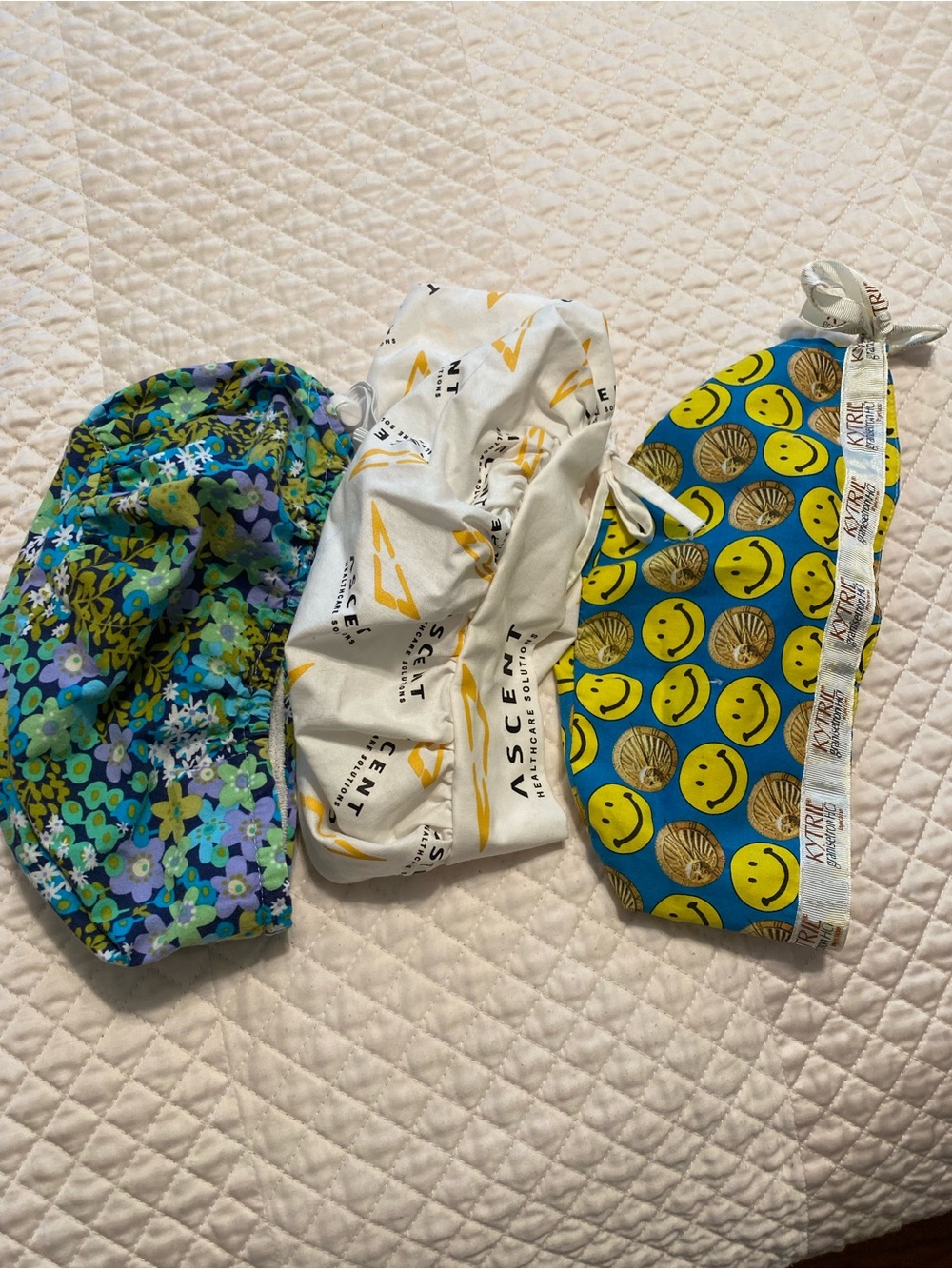 Set of 3 Colorful Scrub Caps - Floral, Logo Print, Smile Faces